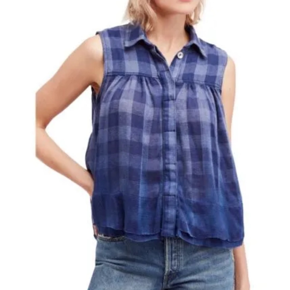 Free People Hey There Sunrise Button‎ Up Shirt Blue Plaid Ombre Top M